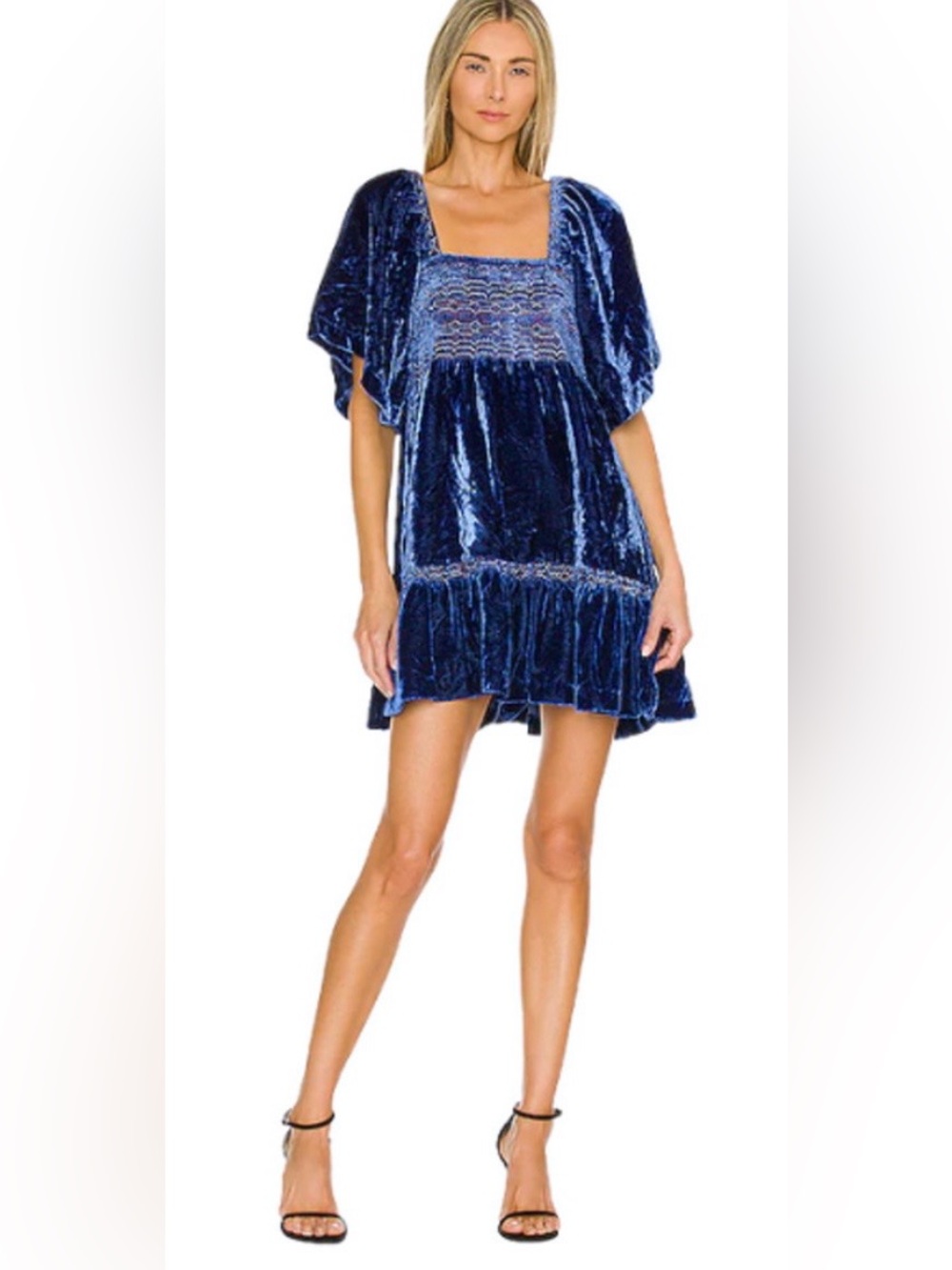 LN WOMENS SMALL FREE PEOPLE EASY TO LOVE SMOCKED VELVET MINI DRESS BLUE